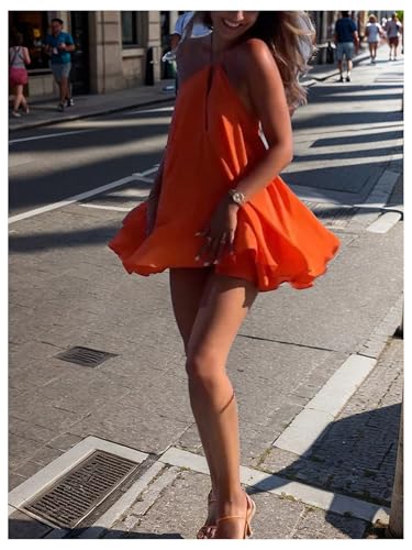Women's Halter Dress Tie Open Back Twist Sleeveless Flowy A Line Mini Dresses