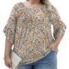 Womens Plus Size Tops 3/4 Ruffle Sleeve Shirts Crewneck Pleated Blouses Dressy Casual Fashion Tunic Top (1X-5X)
