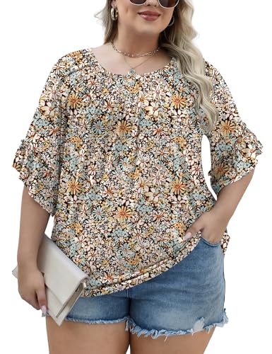 Womens Plus Size Tops 3/4 Ruffle Sleeve Shirts Crewneck Pleated Blouses Dressy Casual Fashion Tunic Top (1X-5X)