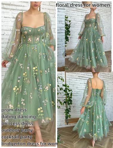 Women's Puffy Sleeve Prom Dresses Fair Flower Embroidery Tulle Green Formal Evening Party Gowns