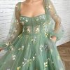 Women's Puffy Sleeve Prom Dresses Fair Flower Embroidery Tulle Green Formal Evening Party Gowns