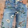 High Waisted Bermuda Shorts for Women Knee Length Floral Print Stretchy Summer Denim Shorts Trendy