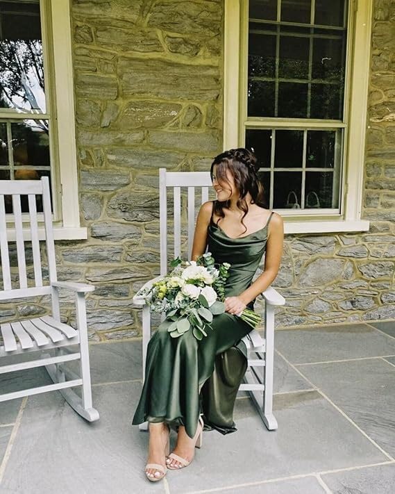Ruched Satin Bridesmaid Dresses with Slit for Women Spaghetti Strap Long Prom Dress Cowl Neck Wedding Guest Dress