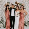 Ruched Satin Bridesmaid Dresses with Slit for Women Spaghetti Strap Long Prom Dress Cowl Neck Wedding Guest Dress