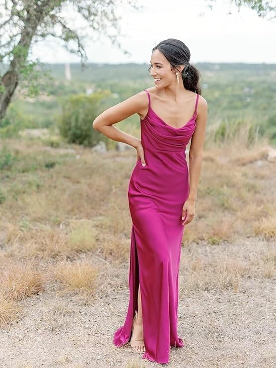 Ruched Satin Bridesmaid Dresses with Slit for Women Spaghetti Strap Long Prom Dress Cowl Neck Wedding Guest Dress